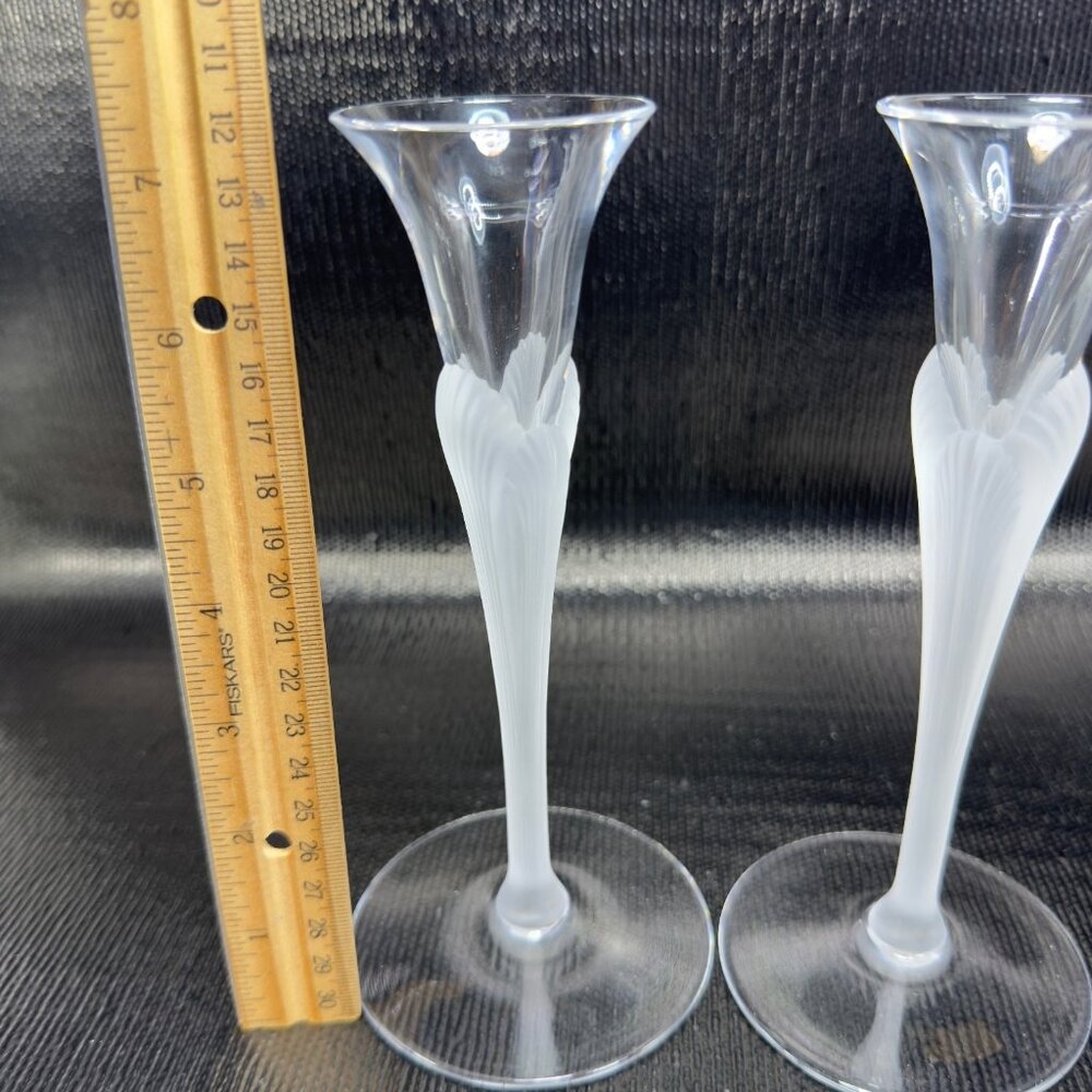 Sasaki Aegean Clear Frosted Stems Glass Crystal Candlestick Holder Set 2 Vintage - Picture 3 of 13